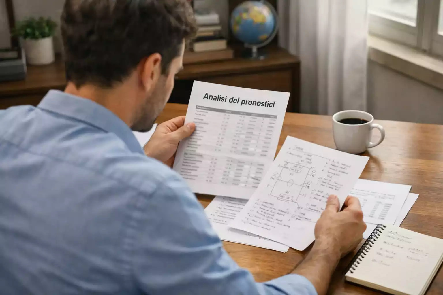 Professionista che analizza statistiche di calcio su documenti e appunti in ufficio