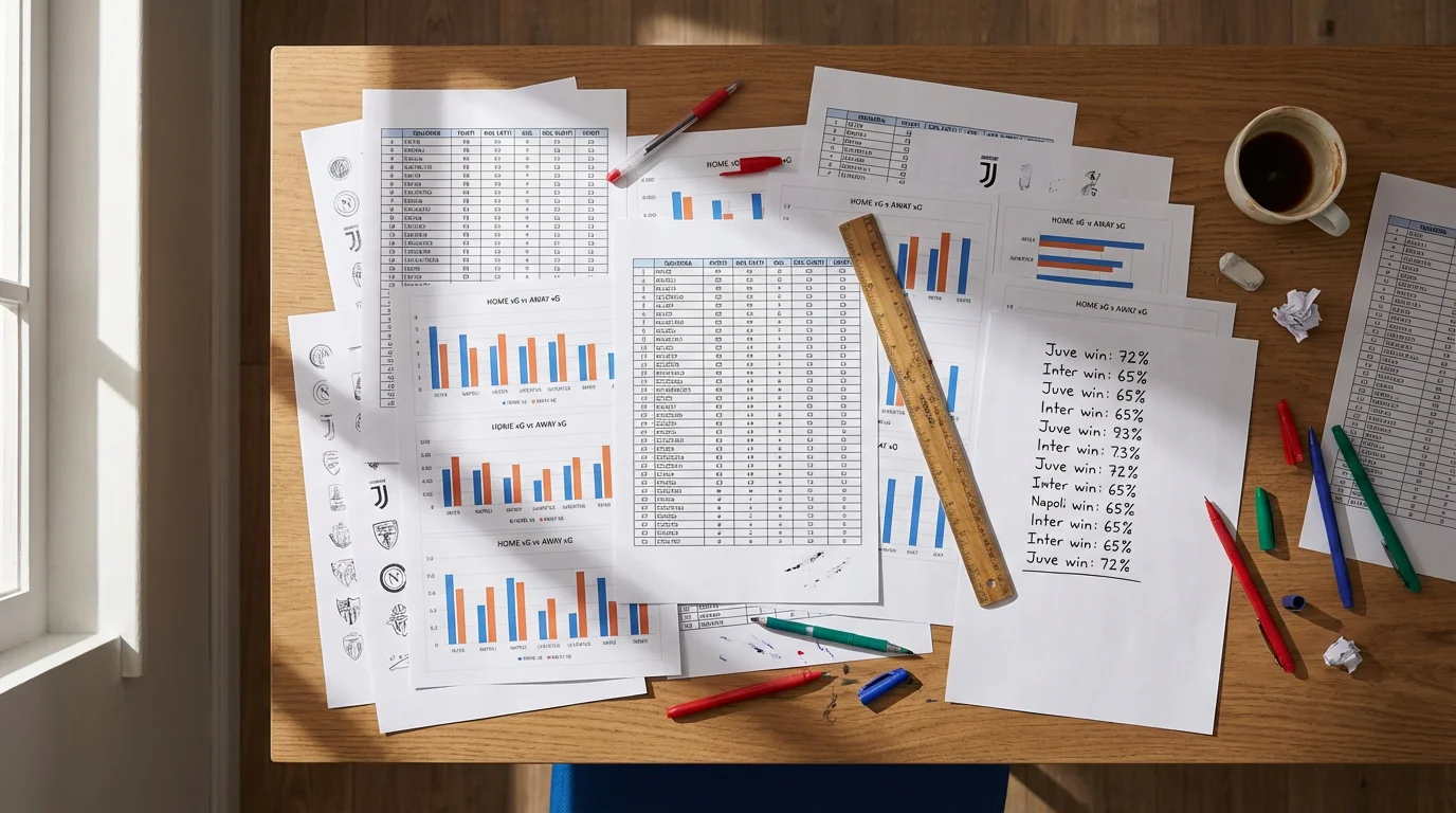 Fogli con statistiche e grafici di calcio sparsi su una scrivania di lavoro