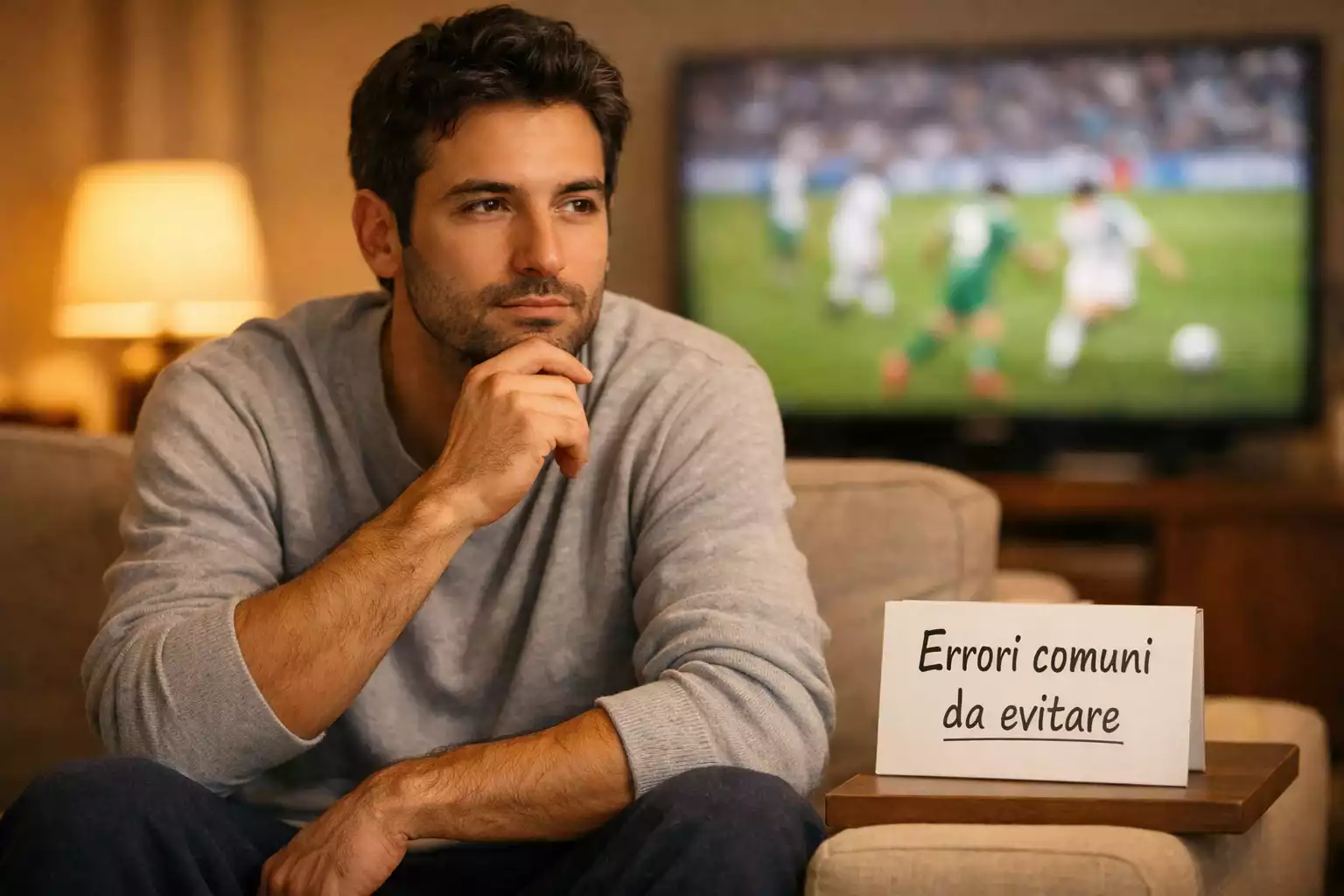 Giovane scommettitore pensieroso che riflette davanti a uno schermo con partite di calcio