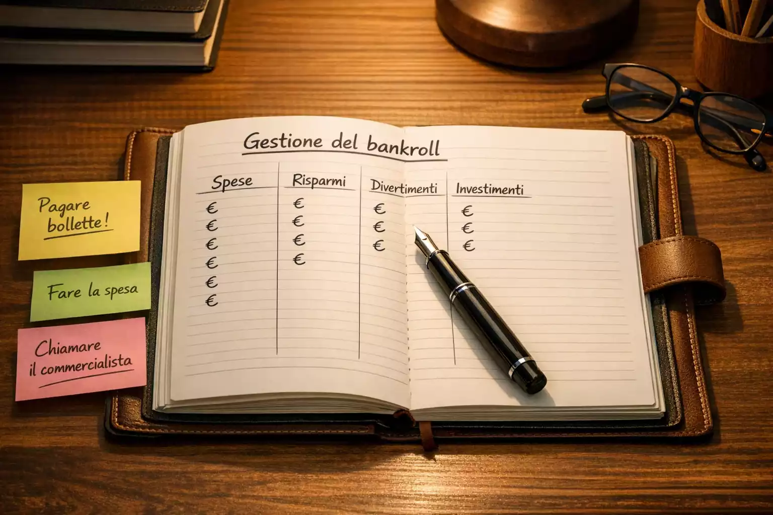 Notebook con piano di gestione del budget e simboli euro su scrivania ordinata