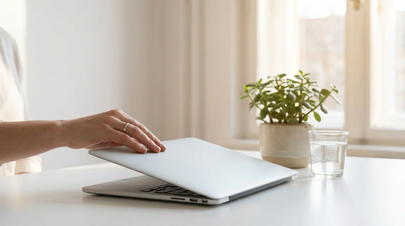 Mano che chiude con calma un laptop su una scrivania ordinata e luminosa
