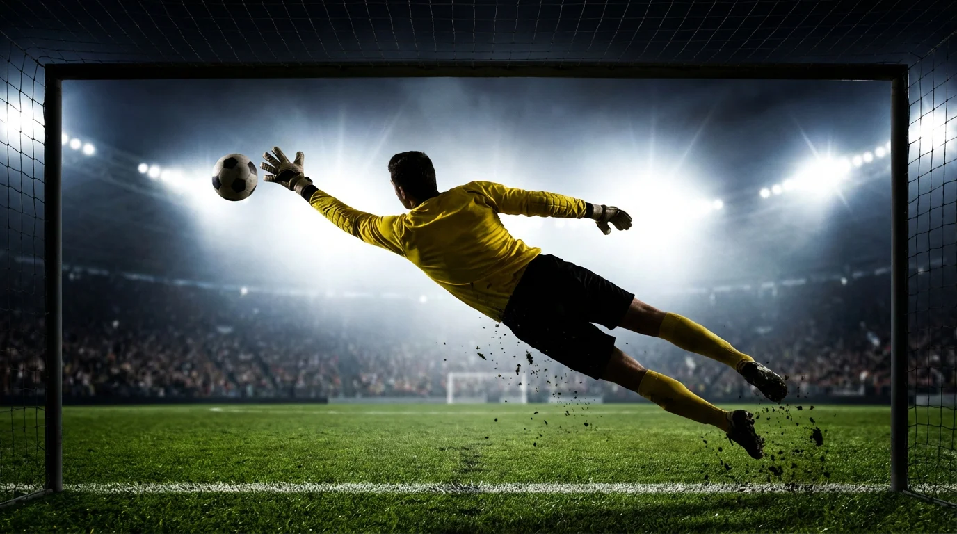 Portiere di calcio che si tuffa per parare un tiro sotto i riflettori dello stadio