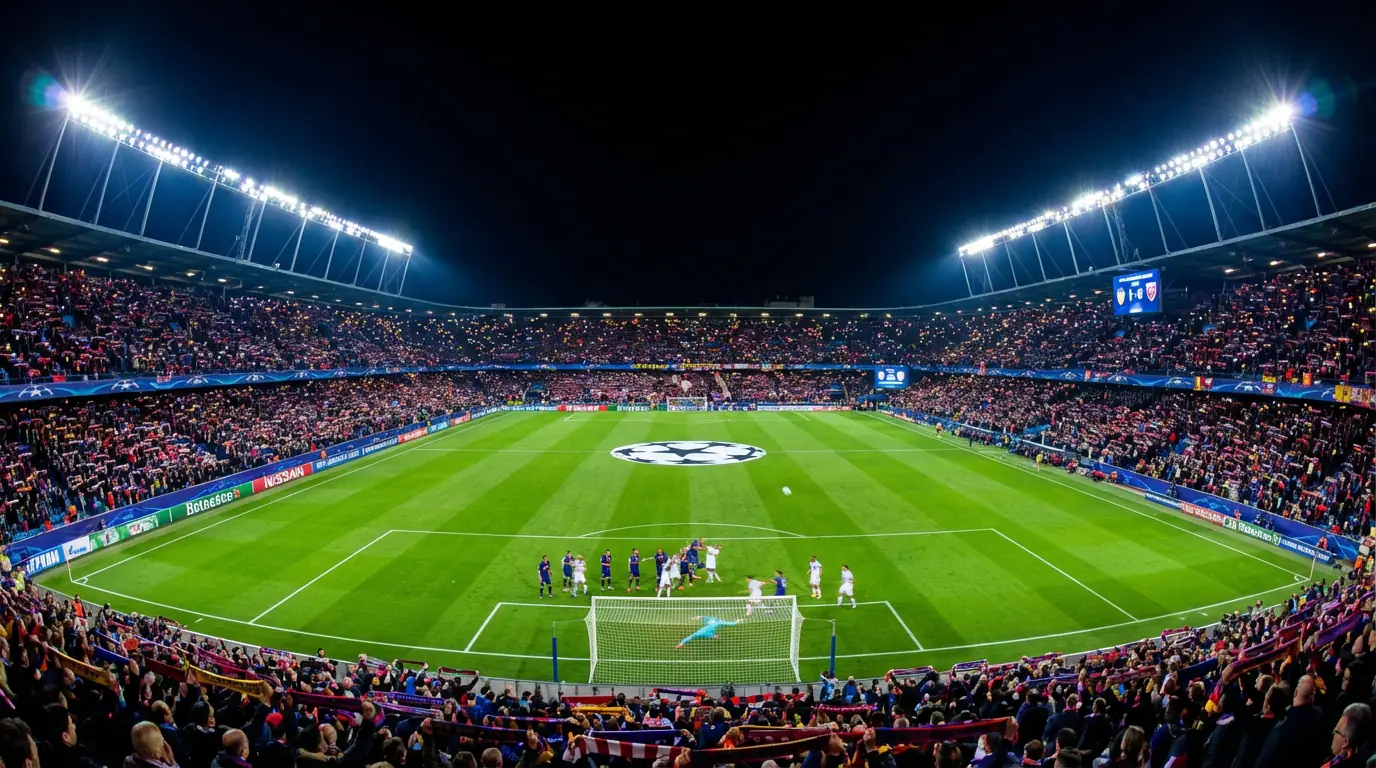 Stadio di calcio europeo illuminato per una partita serale di Champions League