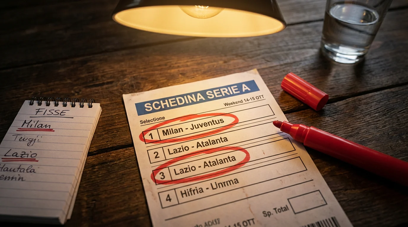 Schedina scommesse con due pronostici cerchiati in rosso su un tavolo