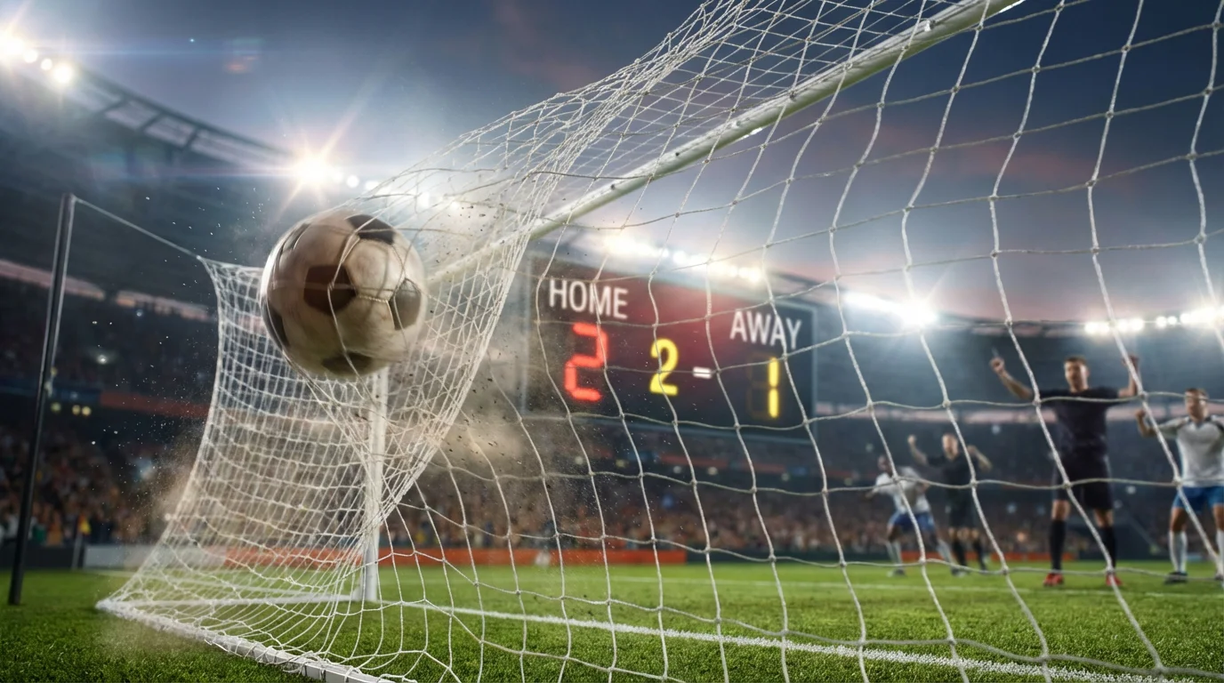 Pallone da calcio nella rete della porta con tabellone segnapunti sullo sfondo