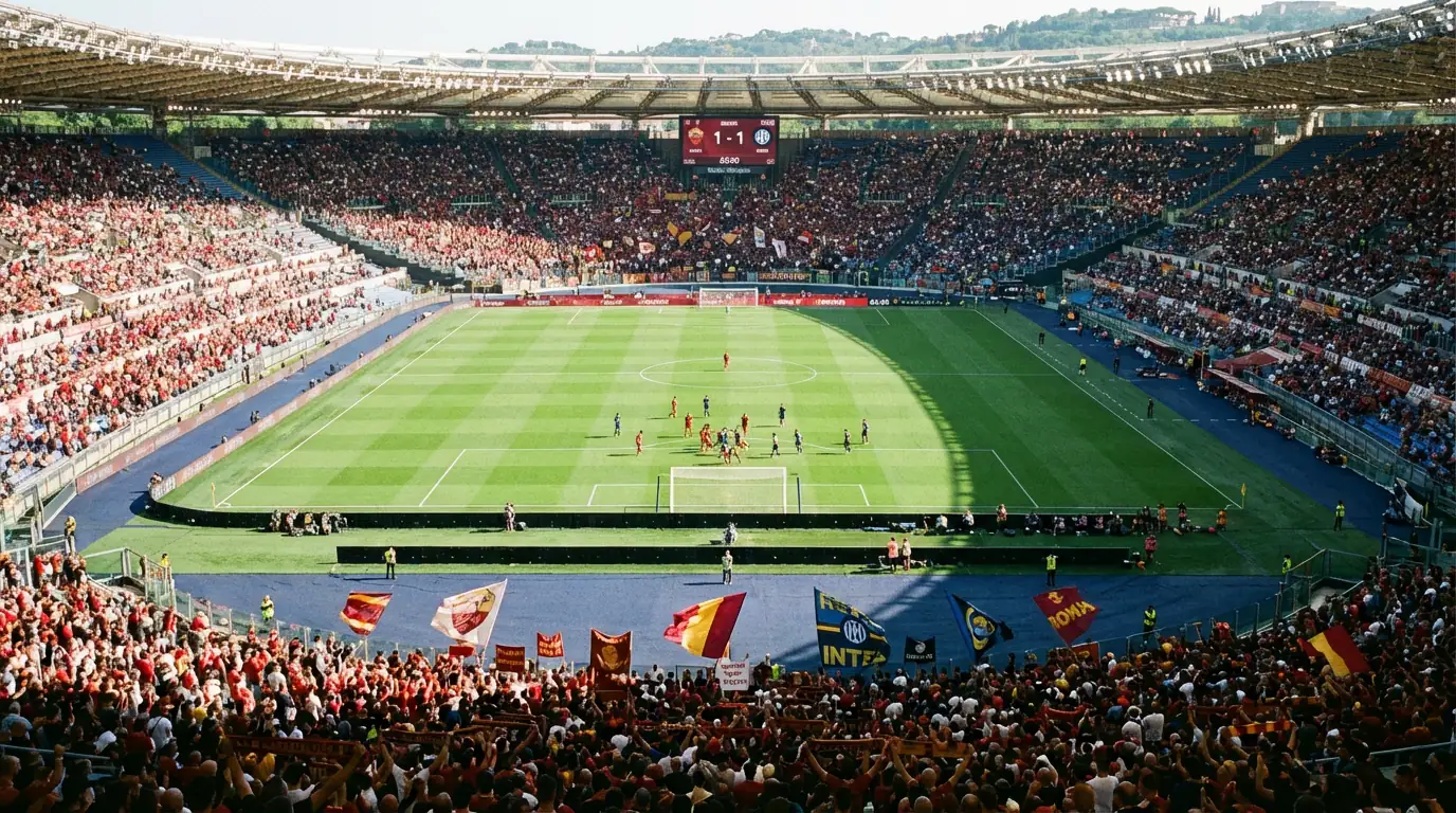 Campo di calcio di Serie A visto dalla tribuna con spalti colorati