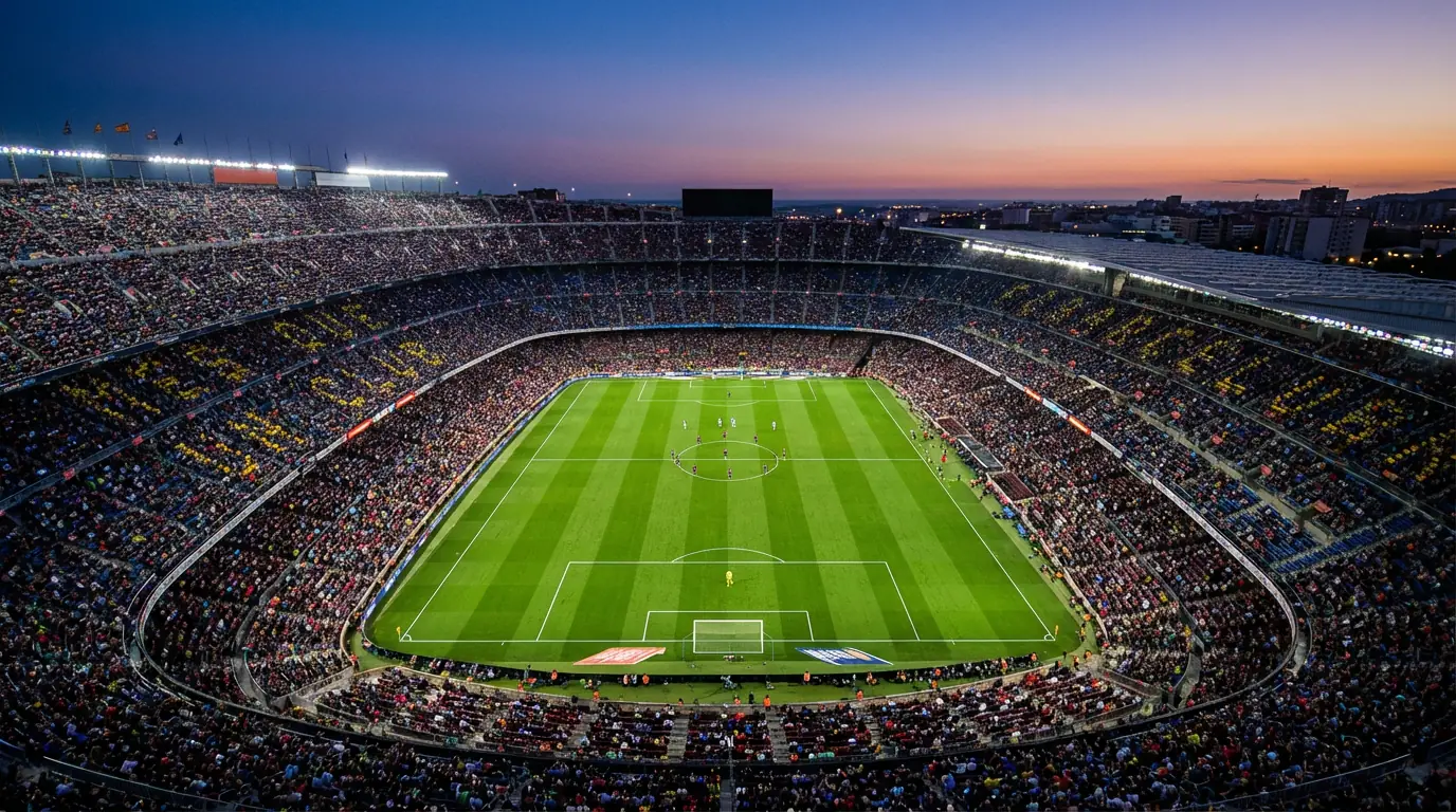 Stadio di calcio visto dall'alto con campo illuminato di sera