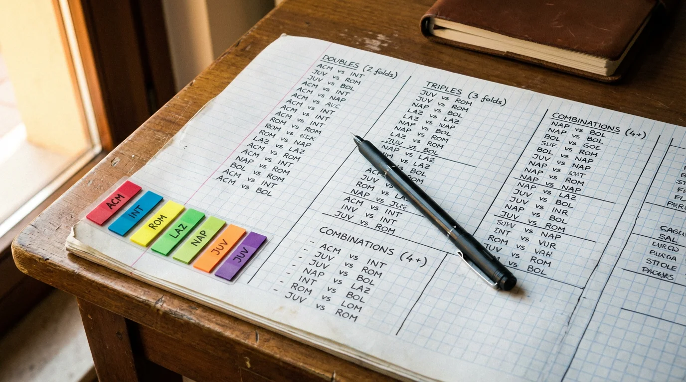 Foglio con combinazioni scommesse calcistiche e penna su tavolo in legno