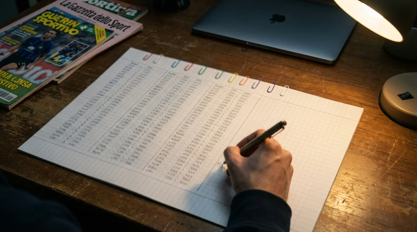 Mano che scrive combinazioni di scommesse su un grande foglio a righe