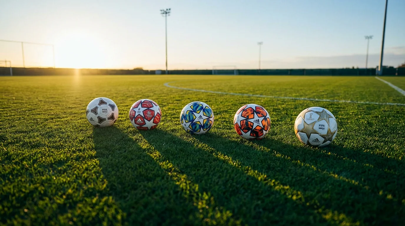 Cinque palloni da calcio allineati su un campo in erba con luci dello stadio