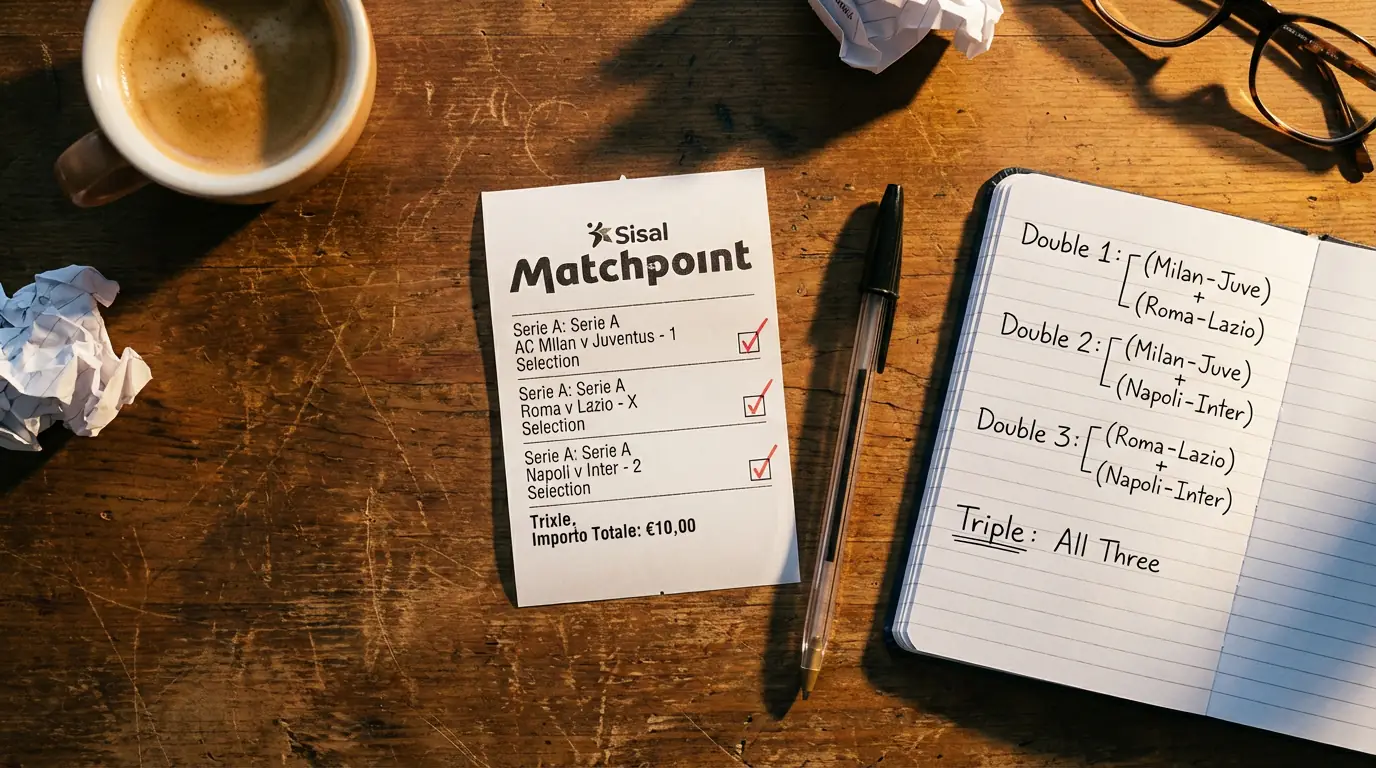 Tabellone scommesse calcio con schema sistema Trixie a tre eventi