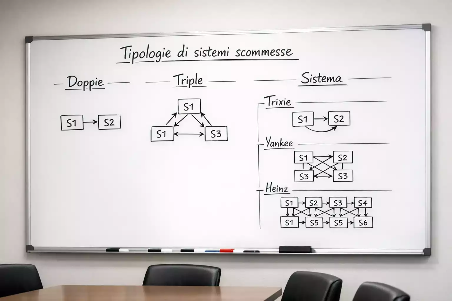 Tabellone con schema delle combinazioni dei sistemi scommesse sportive