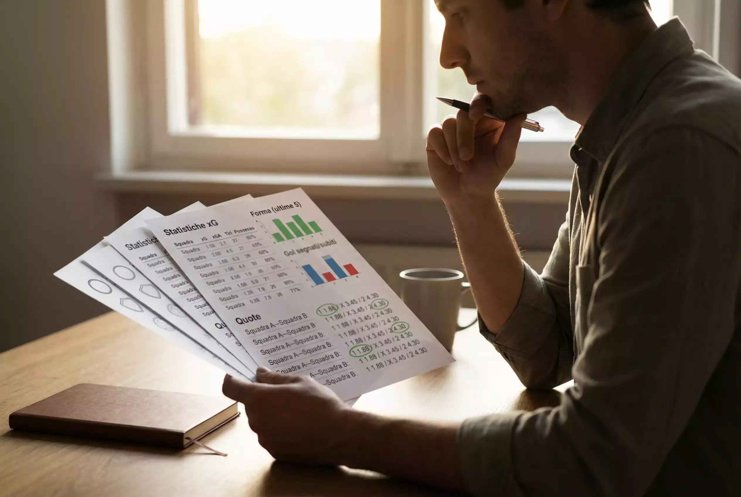 Analista sportivo che studia statistiche di calcio su fogli e appunti